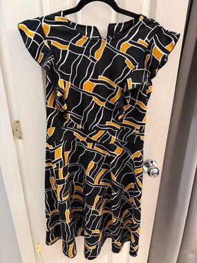Black & Mustard Abstract Midi Dress with Ruffle Sleeves